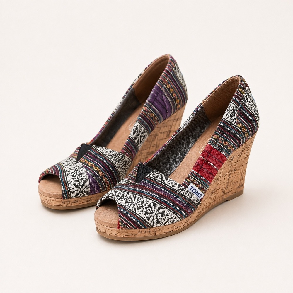 TOMS 6.5W Multicolor Woven Wedge Heel Espadrille Peep Toe Boho Festival Vacation